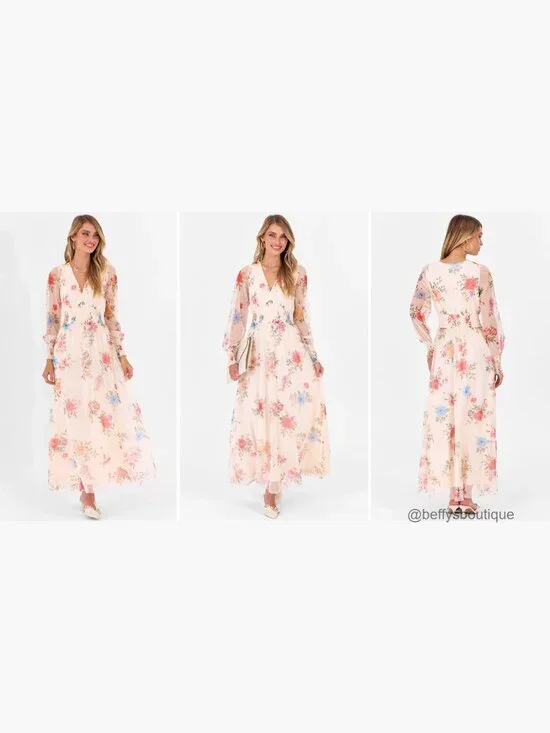 Floral Maxi Dress V Neck Puff Sleeve Long Sleeve Tulle Wedding Guest - Picture 7 of 7